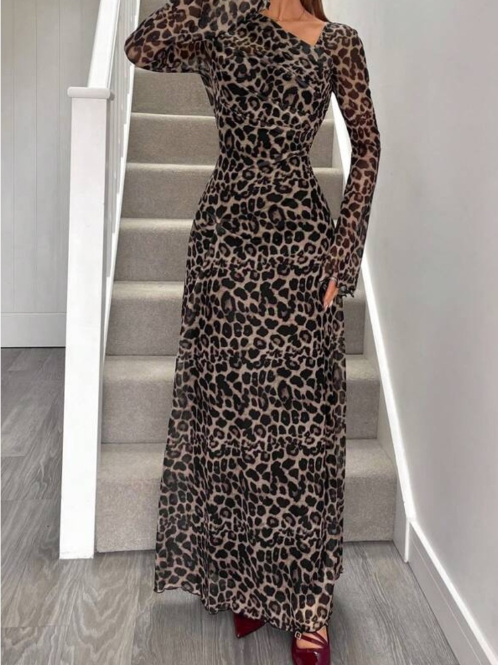 SHEIN Leopard Print Long Sleeve Maxi Dress in Brown